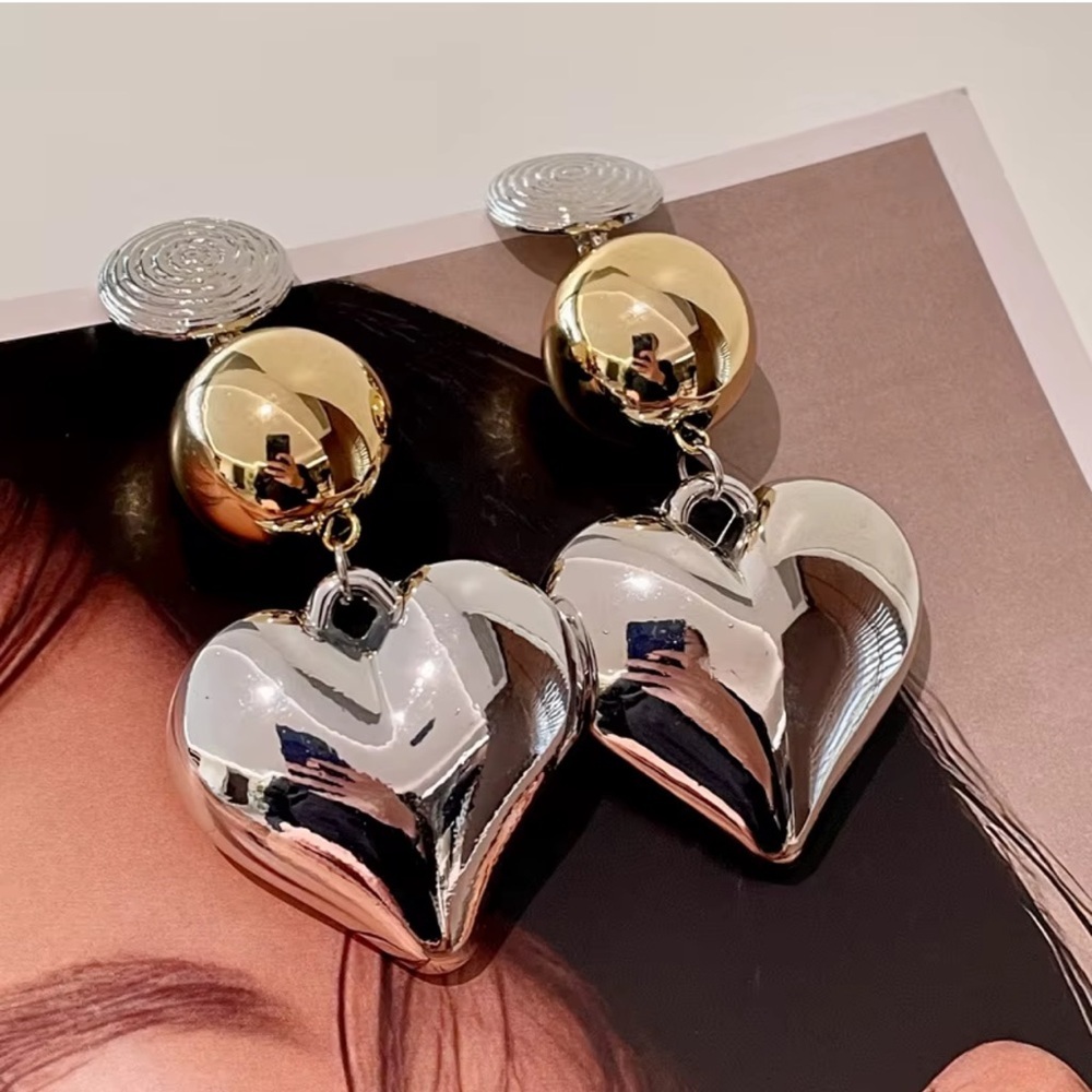 Gold and Silver Heart Drop Earrings - Picture 5 of 5